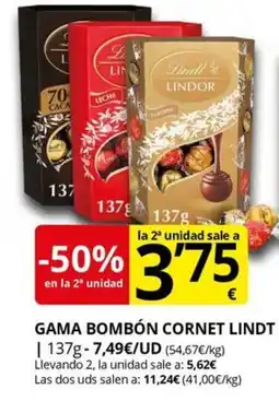 Supermercados MAS LINDT Gama bombón cornet oferta