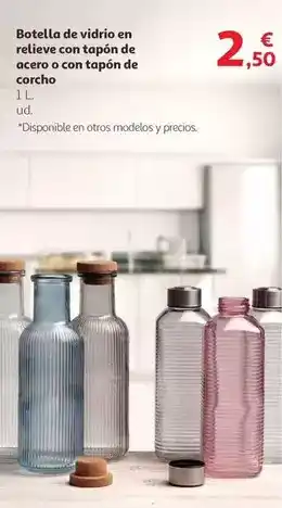 Botella de vidrio en relleve con tapon de acero o con tapon de corcho