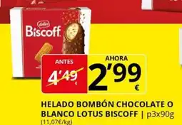 Supermercados MAS LOTUS Biscoff helado bombón chocolate o blanco oferta
