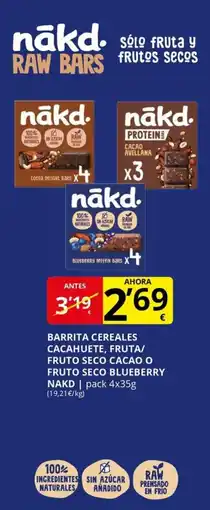 Supermercados MAS NAKD Barrita cereales cacahuete, fruta/ fruto seco cacao o fruto seco blueberry oferta