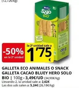 Supermercados MAS HERO Solo galleta eco animales o snack galleta cacao bluey oferta