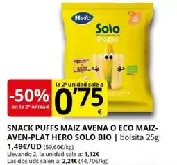 Supermercados MAS HERO Solo bio snack puffs maiz avena o eco maiz- aven-plat oferta