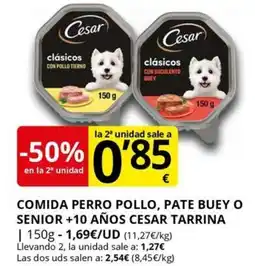 Supermercados MAS CESAR Comida perro pollo, pate buey o senior +10 años tarrina oferta