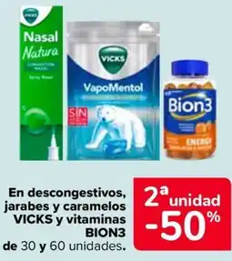 Carrefour VICKS y BION3 En descongestivos jarabes y caramelos vitaminas oferta