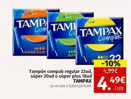 Maskom Supermercados TAMPAX Tampón compak regular 22ud, súper 20ud o súper plus 18ud oferta