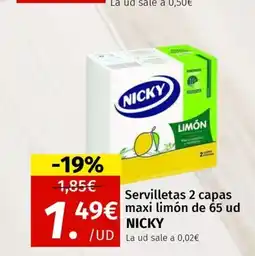 Maskom Supermercados NICKY Servilletas 2 capas maxi limón de 65 ud oferta