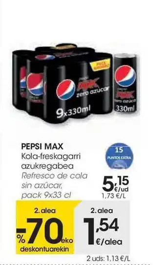Eroski Pepsi Max Kola-Freskagarri Azukregabea 9x33 cl oferta