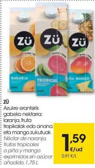 Eroski Zü Azukre Erantsirik Gabeko Nektarra: Laranja, Fruta Tropikalak Edo Anana Eta Mango Zukutuak 1.75L oferta