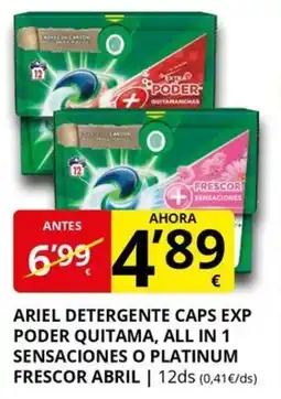 Supermercados MAS ARIEL Detergente caps exp poder quitama, aall in 1 sensaciones o platinum frescor abril oferta