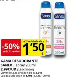 Supermercados MAS SANEX Gama desodorante oferta