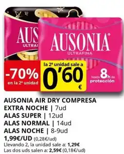 Supermercados MAS AUSONIA Air dry compresa extra noche alas super alas normal alas noche oferta