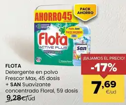 Autoservicios Familia FLOTA Detergente en polvo. Frescor Max, 45 dosis + SAN Suavizante concentrado Floral, 59 dosis oferta