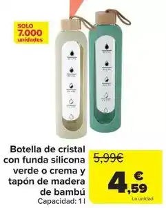 Carrefour Botella de cristal con funda silicona verde o crema y tapón de madera de bambú oferta