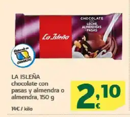 HiperDino LA ISLEÑA chocolate con pasas y almendra o almendra oferta