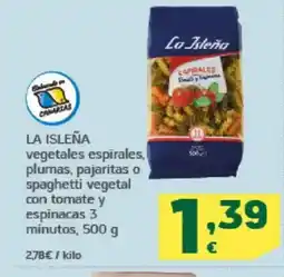 HiperDino LA ISLEÑA vegetales espirales, plumas, pajaritas o spaghetti vegetal con tomate y espinacas 3 minutos oferta