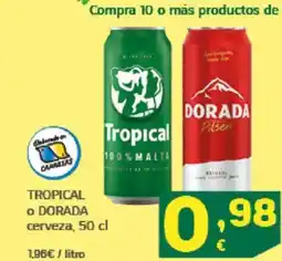 HiperDino TROPICAL o DORADA o cerveza oferta