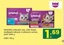 HiperDino WHISKAS selección ave, chef choise, multipack sabores o selección carnes oferta