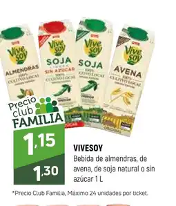 Coviran VIVESOY Bebida de almendras, de avena, de soja natural o sin azúcar oferta