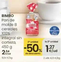 Eroski BIMBO Pan de molde 8 cereales integral sin corteza, oferta