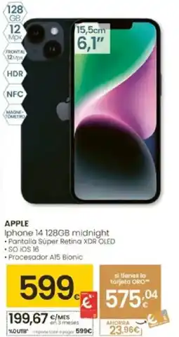 Eroski APPLE Iphone 14 128GB midnight •Pantalla Súper Retina XDR OLED oferta