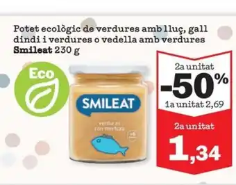 Sorli SMILEAT Potet ecològic de verdures amb lluç, gall dindi i verdures o vedella amb verdures oferta