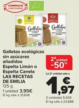 Carrefour LAS RECETAS DE EMILIA Galletas ecológicas sin azúcares añadidos Espelta Limón o Espelta Canela oferta