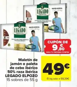 Carrefour Market LEGADO ELPOZO Maletín de jamón o paleta de cebo ibérico 50% raza ibérica 15 sobres oferta