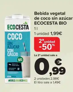 Carrefour ECOCESTA BIO Bebida vegetal de coco sin azúcar oferta