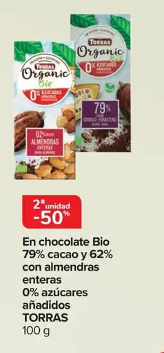 Carrefour TORRAS En chocolate Bio 79% cacao y 62% con almendras enteras 0% azúcares añadidos oferta