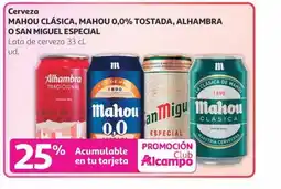 Alcampo MAHOU CLÁSICA, MAHOU 0,0% TOSTADA, ALHAMBRA O SAN MIGUEL ESPECIAL Cerveza oferta