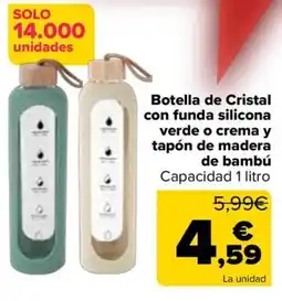 Carrefour Botella de Cristal con funda silicona verde o crema y tapón de madera de bambú oferta