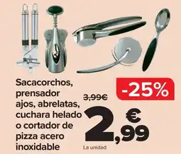 Carrefour Sacacorchos, prensador ajos, abrelatas, cuchara helado o cortador de pizza acero inoxidable oferta