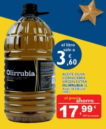 Aceite Oliva Cornicabra Virgen Extra Olirrubia 5L