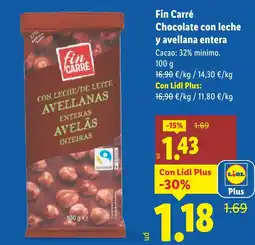 Lidl FIN CARRE Chocolate con leche y avellana entera oferta