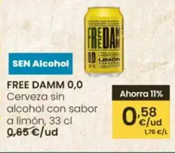Eroski FREE DAMM 0,0 Cerveza sin alcohol con sabor a limón oferta