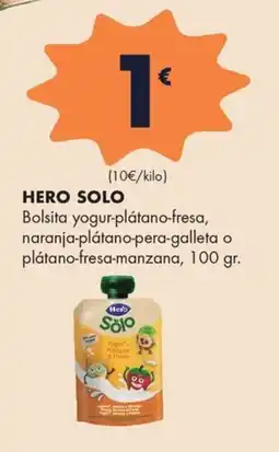 Supermercados Lupa HERO SOLO Bolsita yogur-plátano-fresa, naranja-plátano-pera-galleta o plátano-fresa-manzana oferta
