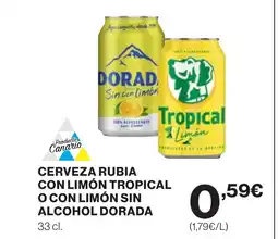 Supercor Cerveza rubia con limón tropical o con limón sin alcohol dorada oferta