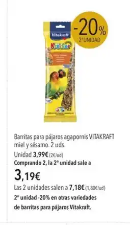 El Corte Inglés VITAKRAFT Barritas para pájaros agapornis miel y sésamo oferta