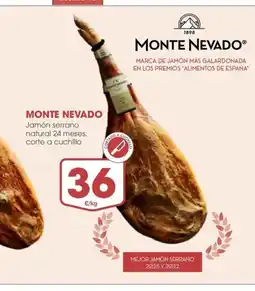 Supermercados Plaza MONTE NEVADO Jamón serrano natural 24 meses, corte a cuchillo oferta