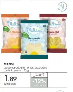 Supermercados Plaza MILKIMI Queso rallado Emmental, Mozzarella o mix 3 quesos oferta
