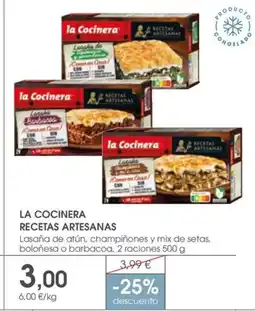 Supermercados Plaza LA COCINERA RECETAS ARTESANAS Lasaña de atún, champiñones y mix de setas, boloñesa o barbacoa, 2 raciones oferta