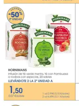 Supermercados Plaza HORNIMANS Infusión de té verde menta, té con frambuesa o rooibos con especias, 20 sobres oferta