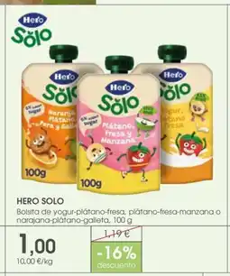 Supermercados Plaza HERO SOLO Bolsita de yogur-plátano-fresa, plátano-fresa-manzana o narajana-plátano-galleta oferta