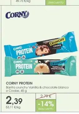 Supermercados Plaza CORNY PROTEIN Barrita crunchy Vainilla & chocolate blanco o Cookie oferta