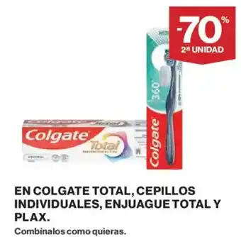 Hipercor COLGATE En total, cepillos individuales, enjuague total y plax. oferta