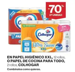Hipercor COLHOGAR En papel higiénico xxl, 12 rollos, o papel de cocina para todo, 2 rollos oferta