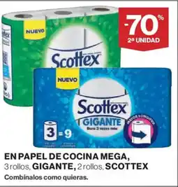 Hipercor SCOTTEX En papel de cocina mega, 3 rollos, gigante, 2 rollos oferta