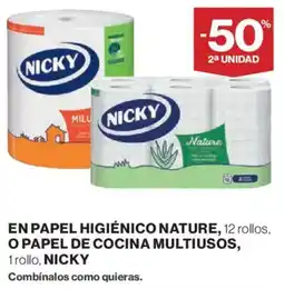 Hipercor NICKY En papel higiénico nature, 12 rollos, o papel de cocina multiusos oferta