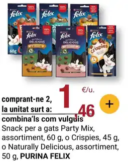 BonpreuEsclat PURINA FELIX Snack per a gats Party Mix, assortiment o Crispies o Naturally Delicious, assortiment oferta