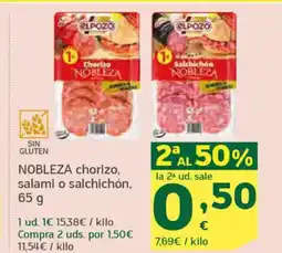 HiperDino NOBLEZA chorizo, salami o salchichón oferta